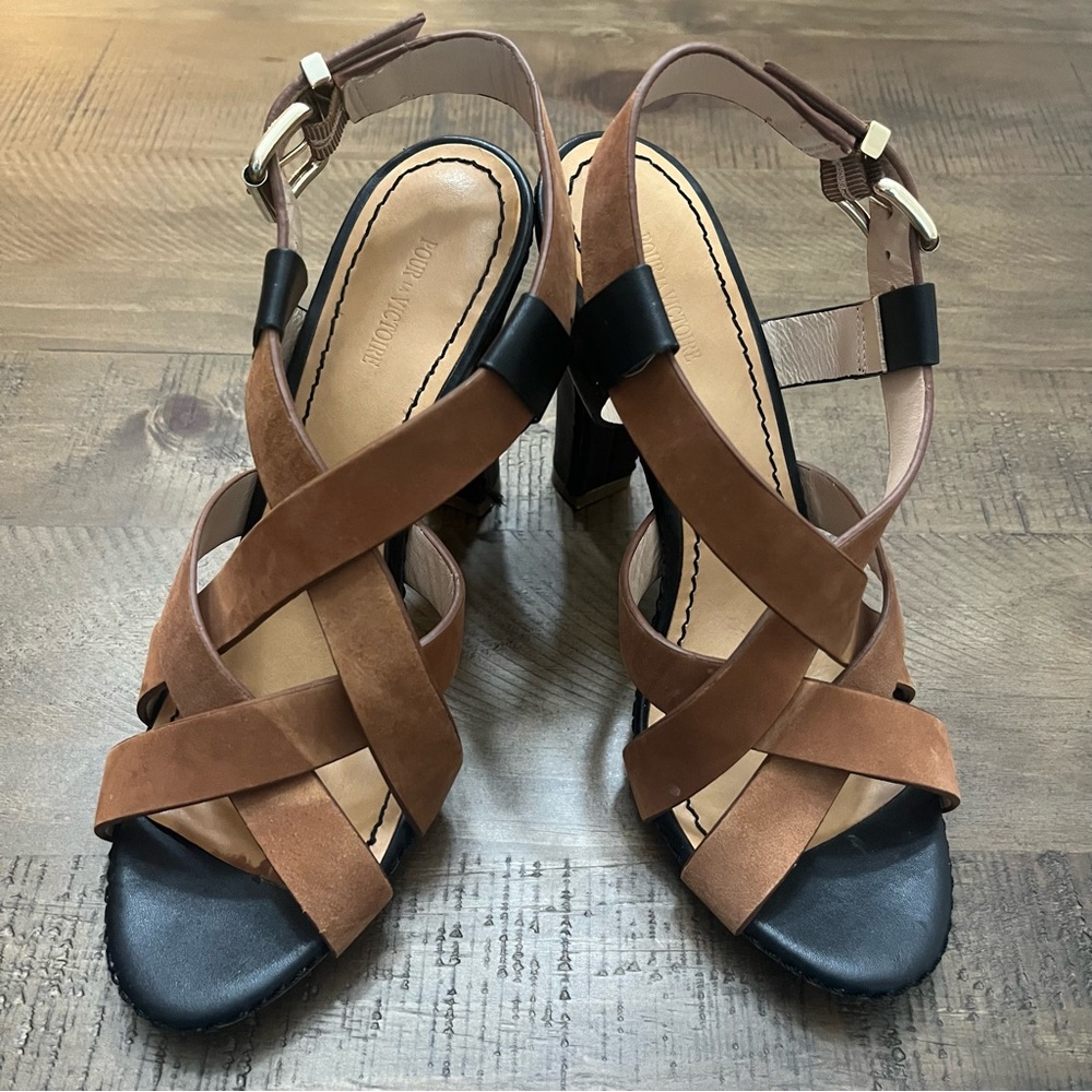 Pour La Victoire Brown/ Black Strappy Sandal High Heels Womens Size 8.5‎ M